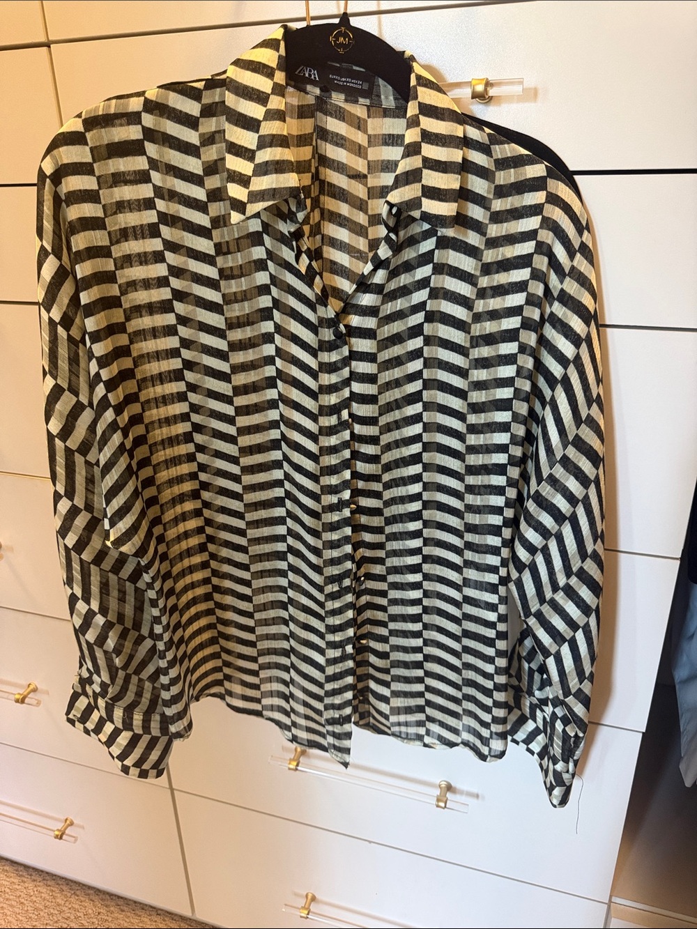 Zara Black and Cream Striped Geometric Button-Down Shirt
